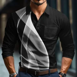 Outlet OUKU Men's Geometic Line Polo Long Sleeve Polo Shirts Collared Shirts Business Casual Business Athleisure Daily Wear Buttons 3D Print Spring Fall Winter Lake blue White Blue