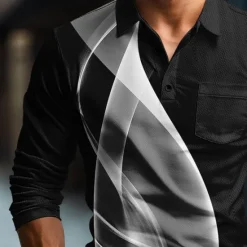 Outlet OUKU Men's Geometic Line Polo Long Sleeve Polo Shirts Collared Shirts Business Casual Business Athleisure Daily Wear Buttons 3D Print Spring Fall Winter Lake blue White Blue