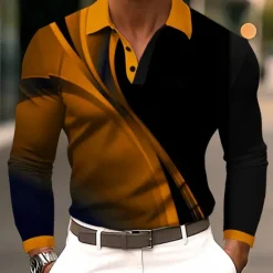 New OUKU Men's Geometic Line Polo Long Sleeve Polo Shirts Lapel Business Casual Athleisure Daily Wear 3D Print Buttons Spring Fall Winter Blue Purple Orange