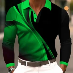 New OUKU Men's Geometic Line Polo Long Sleeve Polo Shirts Lapel Business Casual Athleisure Daily Wear 3D Print Buttons Spring Fall Winter Blue Purple Orange