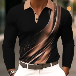 Sale OUKU Men's Geometic Line Polo Long Sleeve Polo Shirts Lapel Business Casual Athleisure Daily Wear 3D Print Buttons Spring Fall Winter Blue Purple Brown