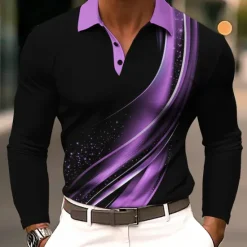 Sale OUKU Men's Geometic Line Polo Long Sleeve Polo Shirts Lapel Business Casual Athleisure Daily Wear 3D Print Buttons Spring Fall Winter Blue Purple Brown