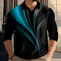 Hot OUKU Men's Geometic Line Polo Long Sleeve Polo Shirts Lapel Casual Athleisure Daily Wear 3D Print Buttons Spring Fall Winter Red Blue Green