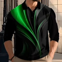 Hot OUKU Men's Geometic Line Polo Long Sleeve Polo Shirts Lapel Casual Athleisure Daily Wear 3D Print Buttons Spring Fall Winter Red Blue Green