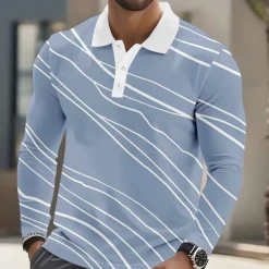 Hot OUKU Men's Geometic Line Polo Long Sleeve Polo Shirts Lapel Business Casual Athleisure Daily Wear 3D Print Buttons Spring Fall Winter Blue Green Light Blue