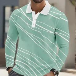 Hot OUKU Men's Geometic Line Polo Long Sleeve Polo Shirts Lapel Business Casual Athleisure Daily Wear 3D Print Buttons Spring Fall Winter Blue Green Light Blue