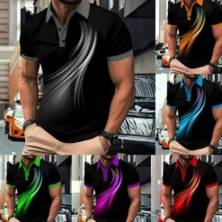 New OUKU Men's Geometic Line Polo Short Sleeve Polo Shirts Collared Shirts Business Casual Outdoor Athleisure Daily Wear 3D Print Summer Red Blue Purple