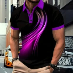 New OUKU Men's Geometic Line Polo Short Sleeve Polo Shirts Collared Shirts Business Casual Outdoor Athleisure Daily Wear 3D Print Summer Red Blue Purple