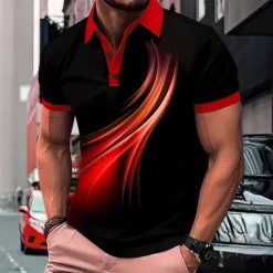 New OUKU Men's Geometic Line Polo Short Sleeve Polo Shirts Collared Shirts Business Casual Outdoor Athleisure Daily Wear 3D Print Summer Red Blue Purple