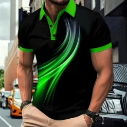 New OUKU Men's Geometic Line Polo Short Sleeve Polo Shirts Collared Shirts Business Casual Outdoor Athleisure Daily Wear 3D Print Summer Red Blue Purple