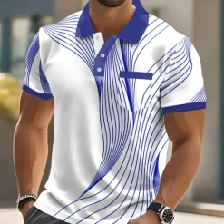 OUKU Men's Geometic Line Polo Short Sleeve Polo Shirts Collared Shirts Business Casual Outdoor Athleisure Daily Wear 3D Print Buttons Summer Black Red Blue