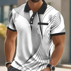 OUKU Men's Geometic Line Polo Short Sleeve Polo Shirts Collared Shirts Business Casual Outdoor Athleisure Daily Wear 3D Print Buttons Summer Black Red Blue