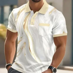 New OUKU Men's Geometic Line Polo Short Sleeve Polo Shirts Collared Shirts Business Casual Outdoor Athleisure Daily Wear Pocket 3D Print Buttons Summer Pink Blue Gold
