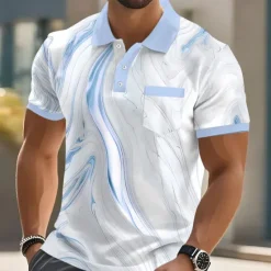 New OUKU Men's Geometic Line Polo Short Sleeve Polo Shirts Collared Shirts Business Casual Outdoor Athleisure Daily Wear Pocket 3D Print Buttons Summer Pink Blue Gold