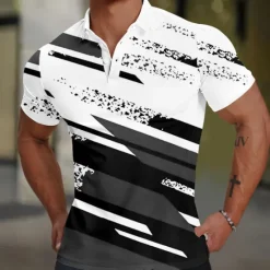 Hot OUKU Men's Geometic Line Polo Short Sleeve Polo Shirts Collared Shirts Casual Business Casual School Outdoor Sports Daily Wear 3D Print Summer Black Red Blue