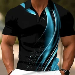 Hot OUKU Men's Geometic Line Polo Short Sleeve Polo Shirts Collared Shirts Casual School Outdoor Daily Wear Home Wear 3D Print Summer White Blue Green