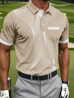 OUKU Men's Geometic Line Polo Sports Polo Shirts Short Sleeve Polo Shirts Collared Shirts Sportswear Casual Outdoor Athleisure Daily Wear Pocket 3D Print Buttons Summer Blue Brown Green