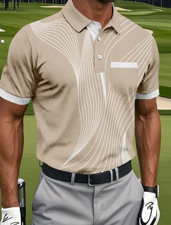 OUKU Men's Geometic Line Polo Sports Polo Shirts Short Sleeve Polo Shirts Collared Shirts Sportswear Casual Outdoor Athleisure Daily Wear Pocket 3D Print Buttons Summer Blue Brown Green