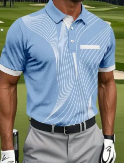 OUKU Men's Geometic Line Polo Sports Polo Shirts Short Sleeve Polo Shirts Collared Shirts Sportswear Casual Outdoor Athleisure Daily Wear Pocket 3D Print Buttons Summer Blue Brown Green
