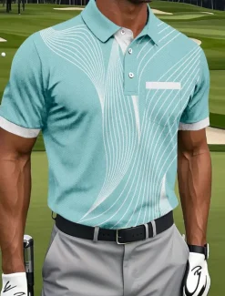 OUKU Men's Geometic Line Polo Sports Polo Shirts Short Sleeve Polo Shirts Collared Shirts Sportswear Casual Outdoor Athleisure Daily Wear Pocket 3D Print Buttons Summer Blue Brown Green