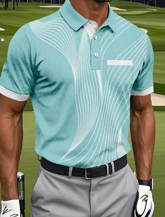 OUKU Men's Geometic Line Polo Sports Polo Shirts Short Sleeve Polo Shirts Collared Shirts Sportswear Casual Outdoor Athleisure Daily Wear Pocket 3D Print Buttons Summer Blue Brown Green