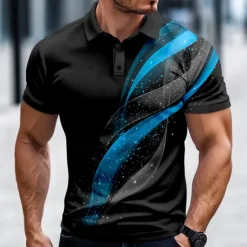 Outlet OUKU Men's Geometic Line Polo Short Sleeve Polo Shirts Collared Shirts Casual Business Athleisure Daily Wear Buttons 3D Print Summer Spring Fall Red Blue Purple