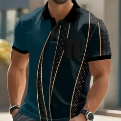 Discount OUKU Men's Geometic Line Polo Short Sleeve Polo Shirts Collared Shirts Business Casual Outdoor Athleisure Daily Wear Buttons Pocket 3D Print Summer Dark Brown Dark Green Dark Blue