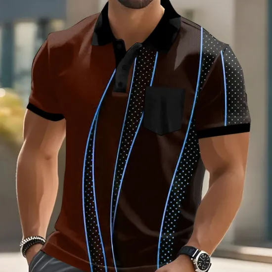 Discount OUKU Men's Geometic Line Polo Short Sleeve Polo Shirts Collared Shirts Business Casual Outdoor Athleisure Daily Wear Buttons Pocket 3D Print Summer Dark Brown Dark Green Dark Blue