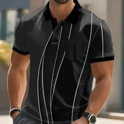 Discount OUKU Men's Geometic Line Polo Short Sleeve Polo Shirts Collared Shirts Business Casual Outdoor Athleisure Daily Wear Buttons Pocket 3D Print Summer Dark Brown Dark Green Dark Blue