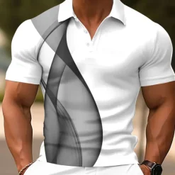Discount OUKU Men's Geometic Line Polo Short Sleeve Polo Shirts Collared Shirts Casual School Outdoor Daily Wear Home Wear 3D Print Summer White Blue Gray