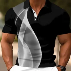 Discount OUKU Men's Geometic Line Polo Short Sleeve Polo Shirts Collared Shirts Casual School Outdoor Daily Wear Home Wear 3D Print Summer White Blue Gray