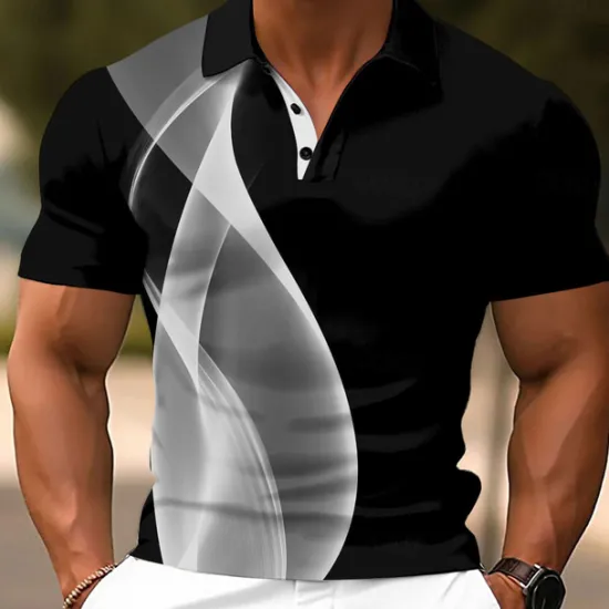 Discount OUKU Men's Geometic Line Polo Short Sleeve Polo Shirts Collared Shirts Casual School Outdoor Daily Wear Home Wear 3D Print Summer White Blue Gray