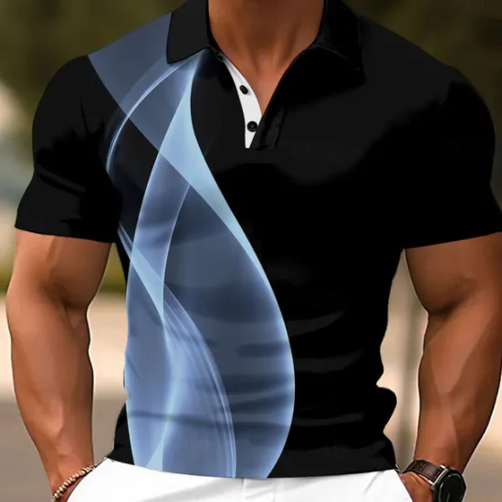 Discount OUKU Men's Geometic Line Polo Short Sleeve Polo Shirts Collared Shirts Casual School Outdoor Daily Wear Home Wear 3D Print Summer White Blue Gray