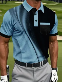 Outlet OUKU Men's Geometic Line Polo Short Sleeve Polo Shirts Collared Shirts Business Casual Athleisure Daily Wear Pocket 3D Print Buttons Summer White Blue Purple