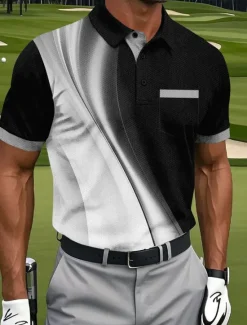 Outlet OUKU Men's Geometic Line Polo Short Sleeve Polo Shirts Collared Shirts Business Casual Athleisure Daily Wear Pocket 3D Print Buttons Summer White Blue Purple