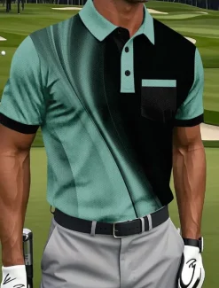 Outlet OUKU Men's Geometic Line Polo Short Sleeve Polo Shirts Collared Shirts Business Casual Athleisure Daily Wear Pocket 3D Print Buttons Summer White Blue Purple