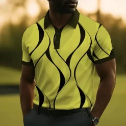 Discount OUKU Men's Geometic Line Polo Short Sleeve Polo Shirts Collared Shirts Business Casual School Outdoor Daily Wear 3D Print Summer White Yellow Blue