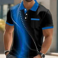 Hot OUKU Men's Geometic Line Polo Short Sleeve Polo Shirts Collared Shirts Business Casual Outdoor Athleisure Daily Wear Pocket 3D Print Buttons Summer Lake blue Red Blue