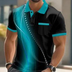 Hot OUKU Men's Geometic Line Polo Short Sleeve Polo Shirts Collared Shirts Business Casual Outdoor Athleisure Daily Wear Pocket 3D Print Buttons Summer Lake blue Red Blue