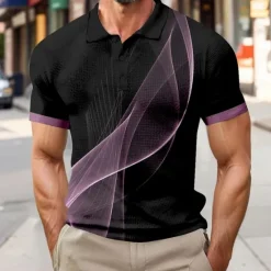 Outlet OUKU Men's Geometic Line Waffle Polo Shirts Short Sleeve Polo Shirts Collared Shirts Business Casual Athleisure Daily Wear Buttons 3D Print Summer Yellow Blue Purple