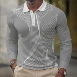 Discount OUKU Men's Geometic Line Waffle Polo Shirts Long Sleeve Polo Shirts Collared Shirts Business Casual Business Wear to work Daily Wear Buttons Spring Fall Winter Black Blue Green