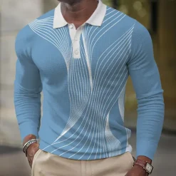 Discount OUKU Men's Geometic Line Waffle Polo Shirts Long Sleeve Polo Shirts Collared Shirts Business Casual Business Wear to work Daily Wear Buttons Spring Fall Winter Black Blue Green
