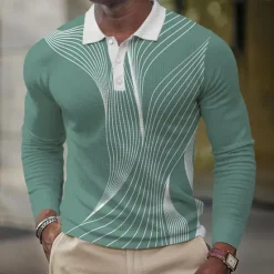 Discount OUKU Men's Geometic Line Waffle Polo Shirts Long Sleeve Polo Shirts Collared Shirts Business Casual Business Wear to work Daily Wear Buttons Spring Fall Winter Black Blue Green