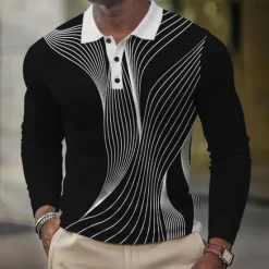 Discount OUKU Men's Geometic Line Waffle Polo Shirts Long Sleeve Polo Shirts Collared Shirts Business Casual Business Wear to work Daily Wear Buttons Spring Fall Winter Black Blue Green