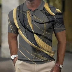 Hot OUKU Men's Geometic Line Waffle Polo Shirts Short Sleeve Polo Shirts Collared Shirts Business Casual Outdoor Street Dailywear Athleisure Buttons 3D Print Summer Blue Purple Orange