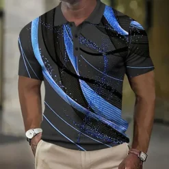 Hot OUKU Men's Geometic Line Waffle Polo Shirts Short Sleeve Polo Shirts Collared Shirts Business Casual Outdoor Street Dailywear Athleisure Buttons 3D Print Summer Blue Purple Orange
