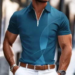 New OUKU Men's Geometic Line Zip Polo Shirts Short Sleeve Polo Shirts Collared Shirts Business Casual Business Athleisure Wear to work Daily Wear 3D Print Summer Black Blue Gray