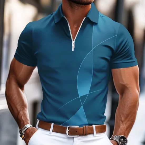 New OUKU Men's Geometic Line Zip Polo Shirts Short Sleeve Polo Shirts Collared Shirts Business Casual Business Athleisure Wear to work Daily Wear 3D Print Summer Black Blue Gray