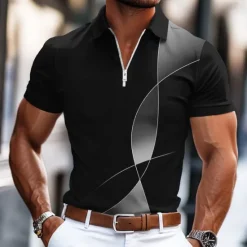 New OUKU Men's Geometic Line Zip Polo Shirts Short Sleeve Polo Shirts Collared Shirts Business Casual Business Athleisure Wear to work Daily Wear 3D Print Summer Black Blue Gray
