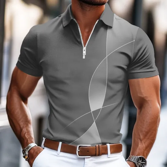 New OUKU Men's Geometic Line Zip Polo Shirts Short Sleeve Polo Shirts Collared Shirts Business Casual Business Athleisure Wear to work Daily Wear 3D Print Summer Black Blue Gray